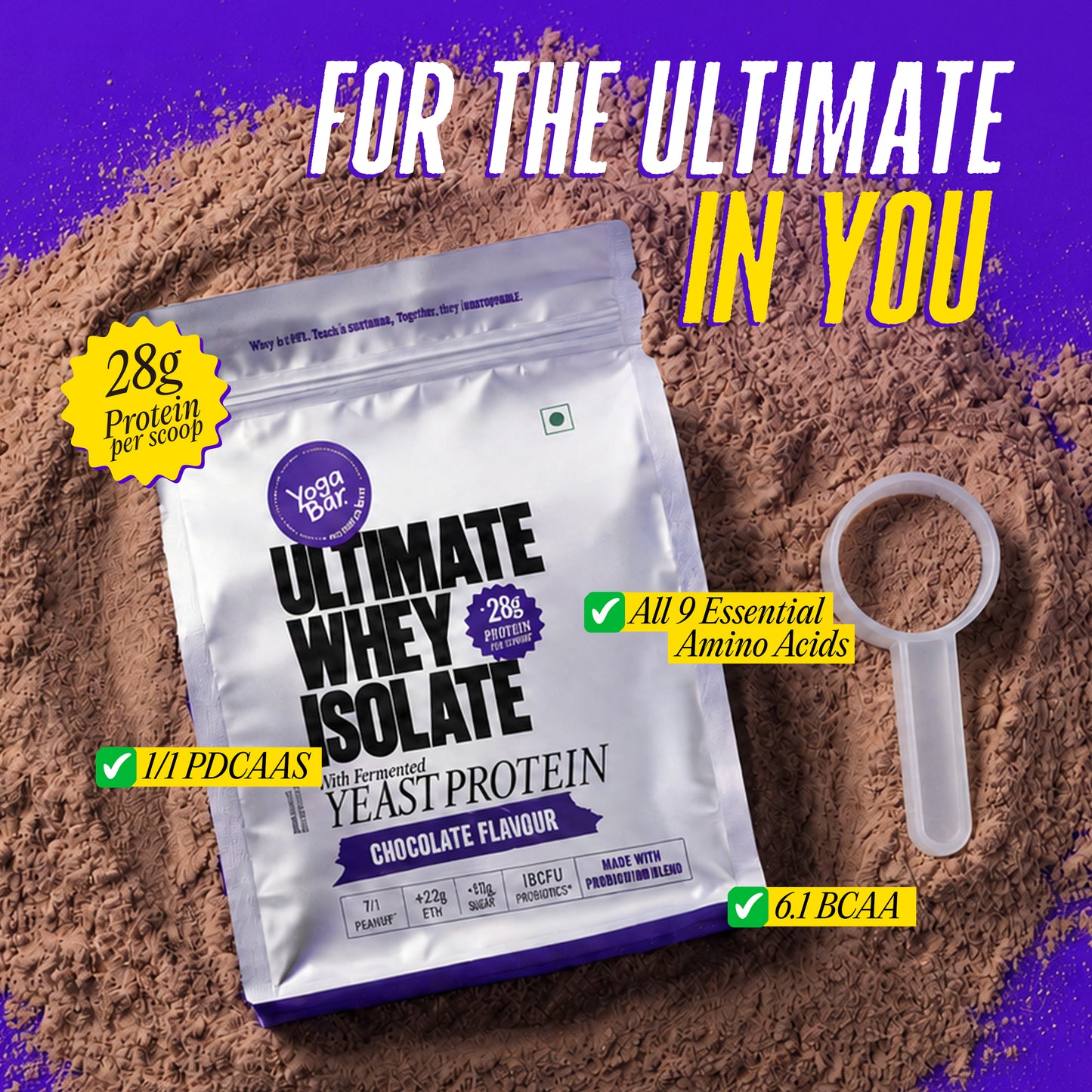 Ultimate Whey Isolate Fermented Yeast Protein Chocolate - 28g protein/scoop, 1/1 PDCAAS, 9 essential amino acids, 6.1 BCAA