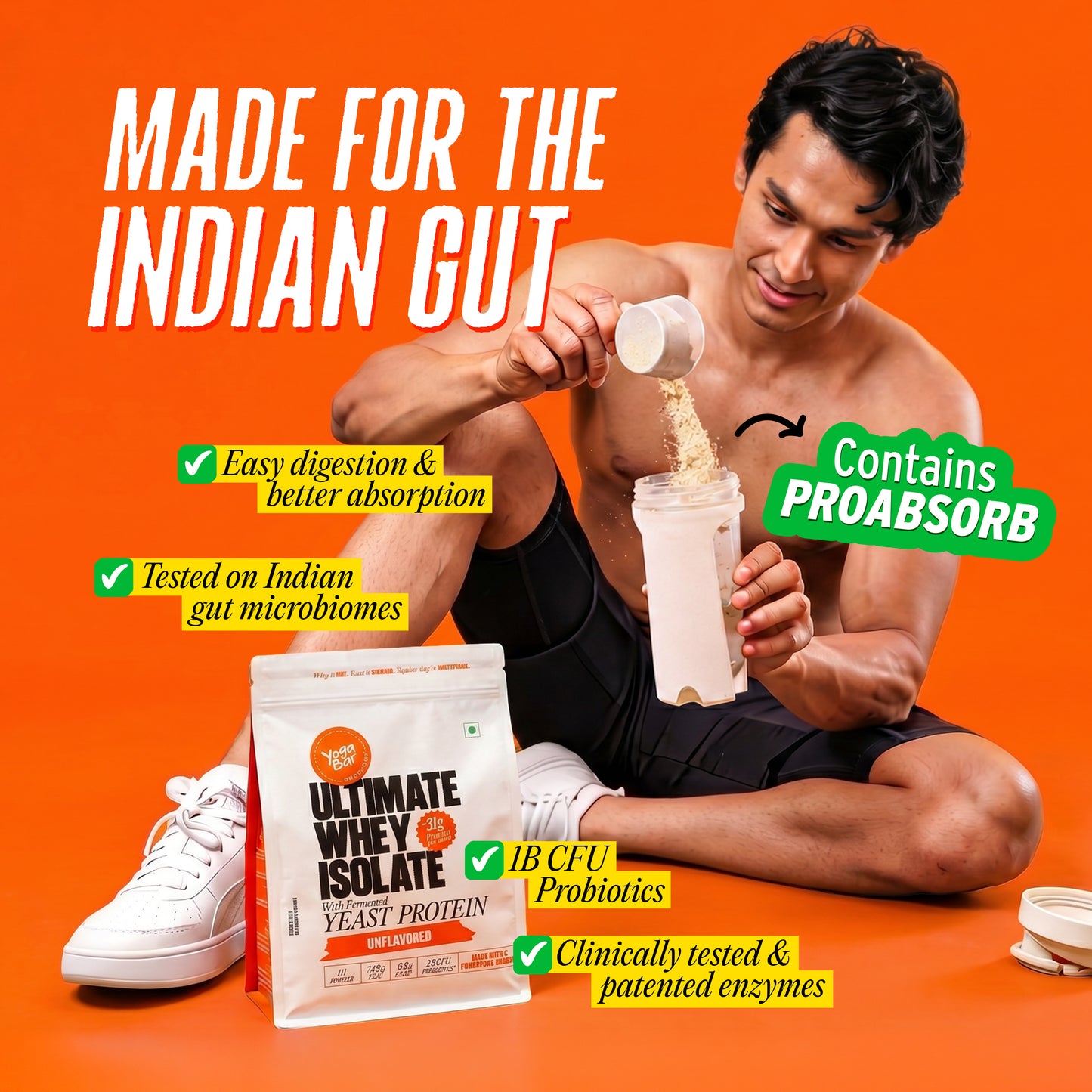 Ultimate Whey Isolate Fermented Yeast Protein - easy digestion, ProAbsorb, 1B CFU probiotics, made for the Indian gut