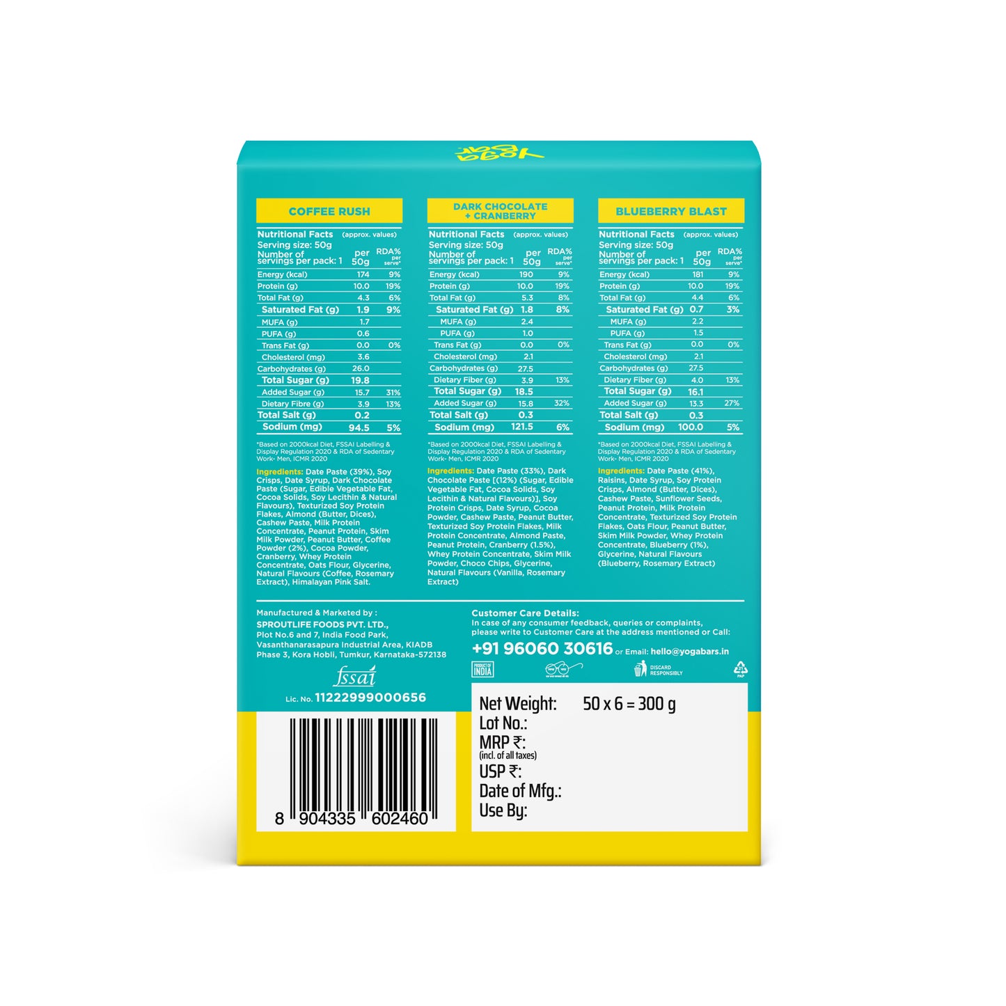 Yoga Bar 10g Protein Bar Variety Pack back label showing nutrition facts and ingredients for Coffee Rush, Dark Chocolate, and Blueberry Blast