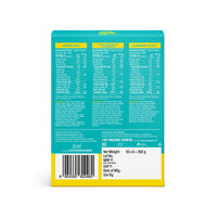 Yoga Bar 10g Protein Bar Variety Pack back label showing nutrition facts and ingredients for Coffee Rush, Dark Chocolate, and Blueberry Blast