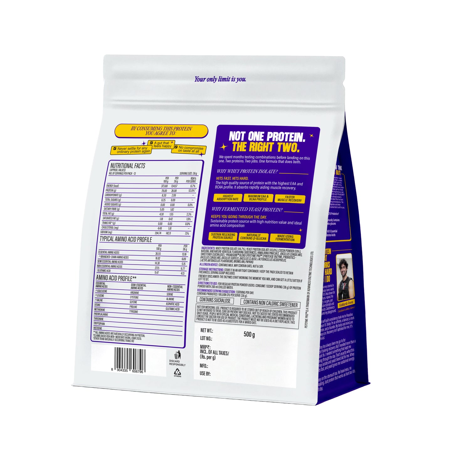 Whey Isolate Fermented Yeast Protein Chocolate pack back with nutritional facts, amino acid profile, net weight 500g
