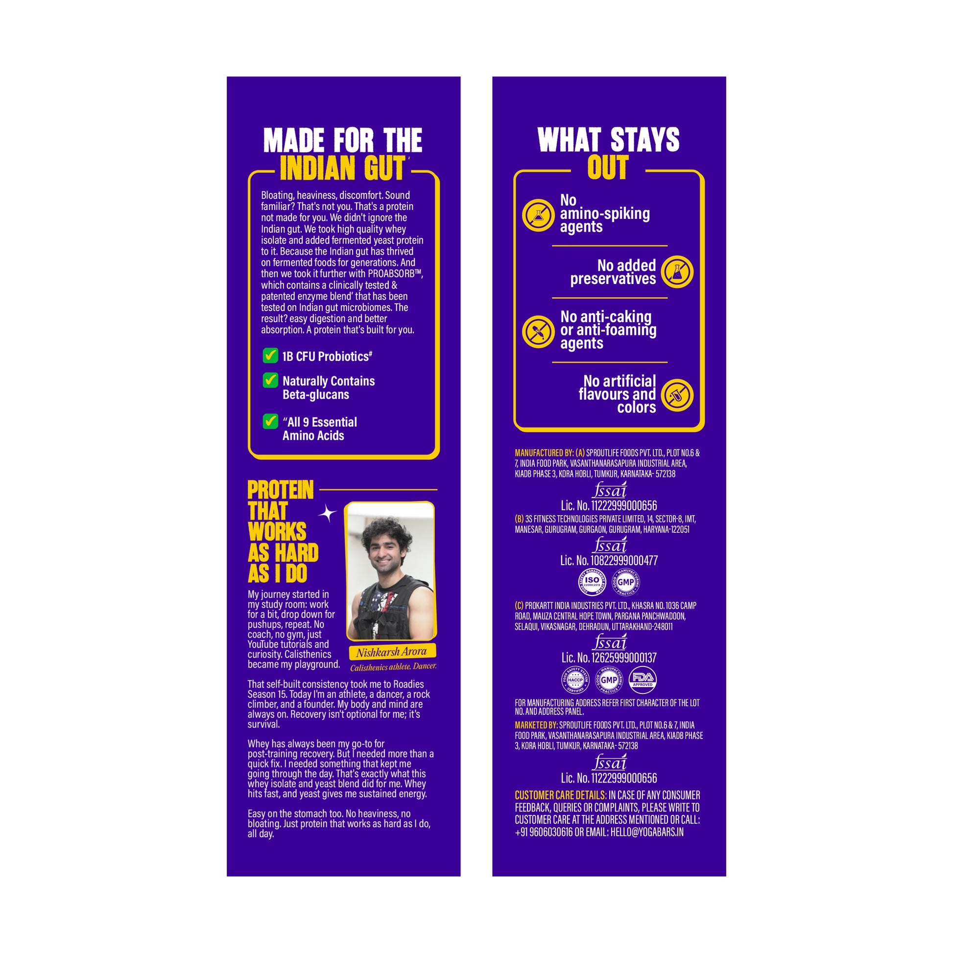Whey Isolate Fermented Yeast Protein Chocolate label - Indian gut formula, 18B CFU probiotics, 9 essential amino acids, no additives