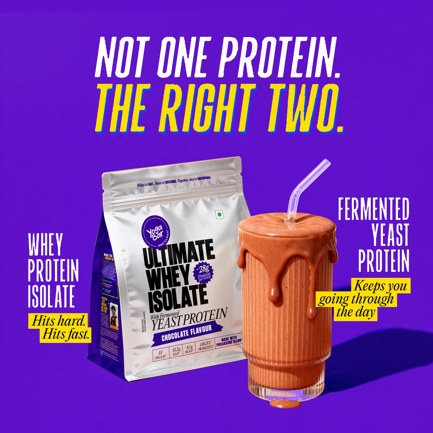 Ultimate Whey Isolate hits hard and fast, Fermented Yeast Protein keeps you going - Chocolate flavour shake and pack