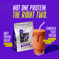 Ultimate Whey Isolate hits hard and fast, Fermented Yeast Protein keeps you going - Chocolate flavour shake and pack