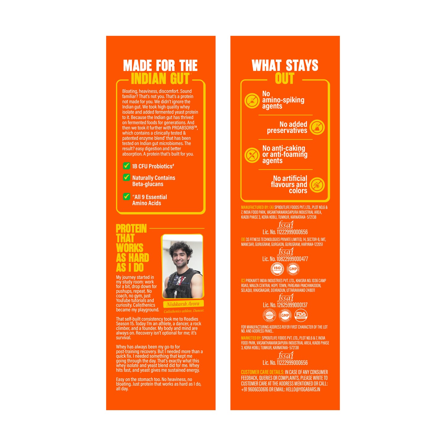 Whey Isolate Fermented Yeast Protein label - Indian gut formula, 18B CFU probiotics, 9 essential amino acids, no additives