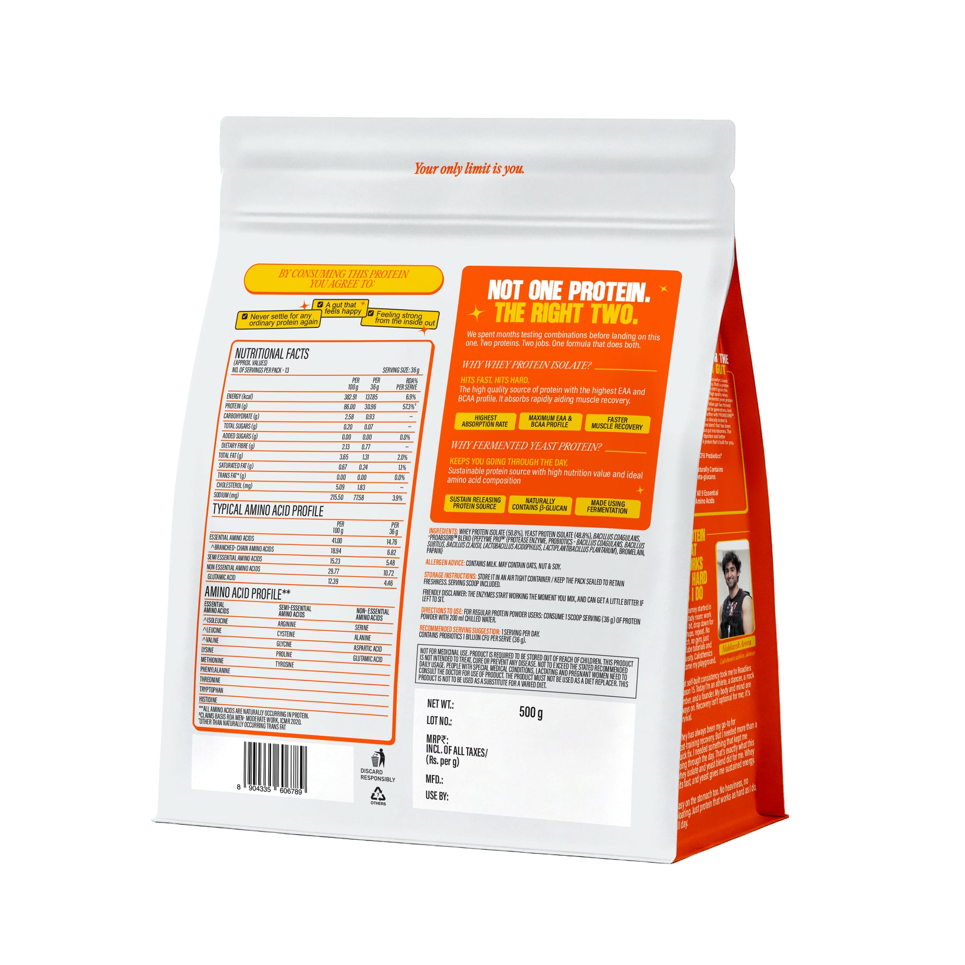Whey Isolate Fermented Yeast Protein pack back with nutritional facts, amino acid profile, and net weight 500g