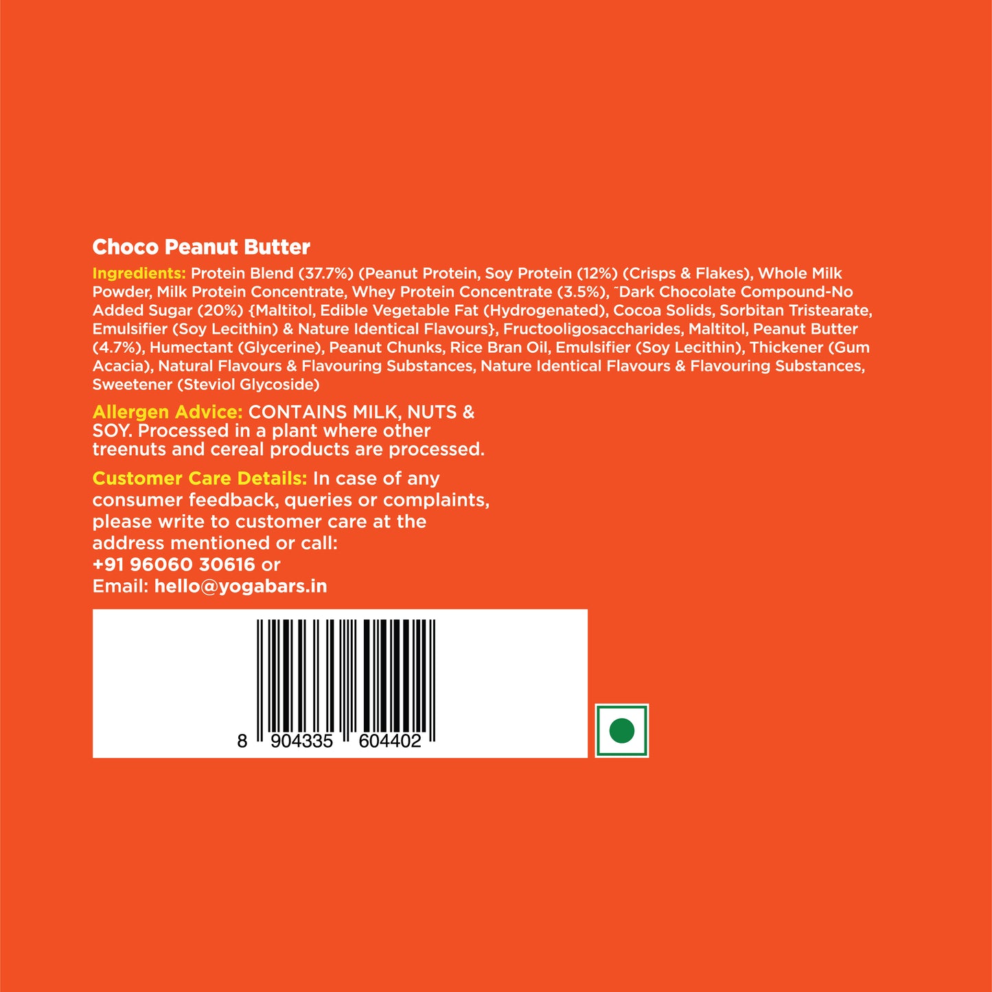 Yoga Bar 20g Protein Bar ingredient breakdown showing peanut protein blend, choco peanut butter details, and allergen warnings.