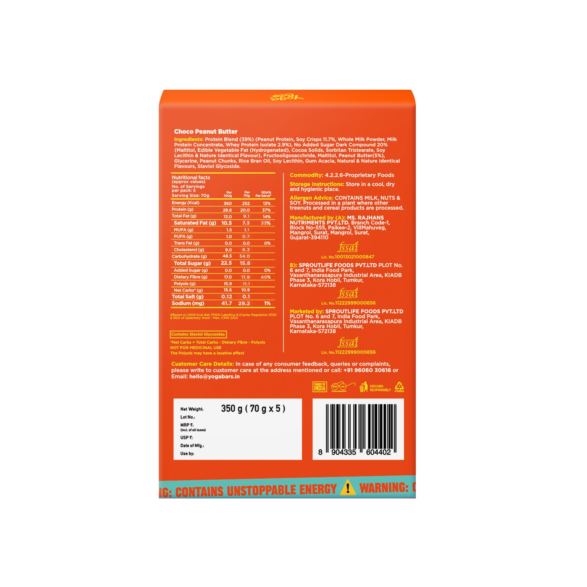 Back of box label for Yoga Bar Power Up 20g Protein Bar showing ingredients, allergens, and the 5-pack net weight table.