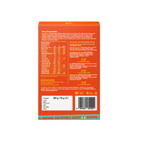 Back of box label for Yoga Bar Power Up 20g Protein Bar showing ingredients, allergens, and the 5-pack net weight table.