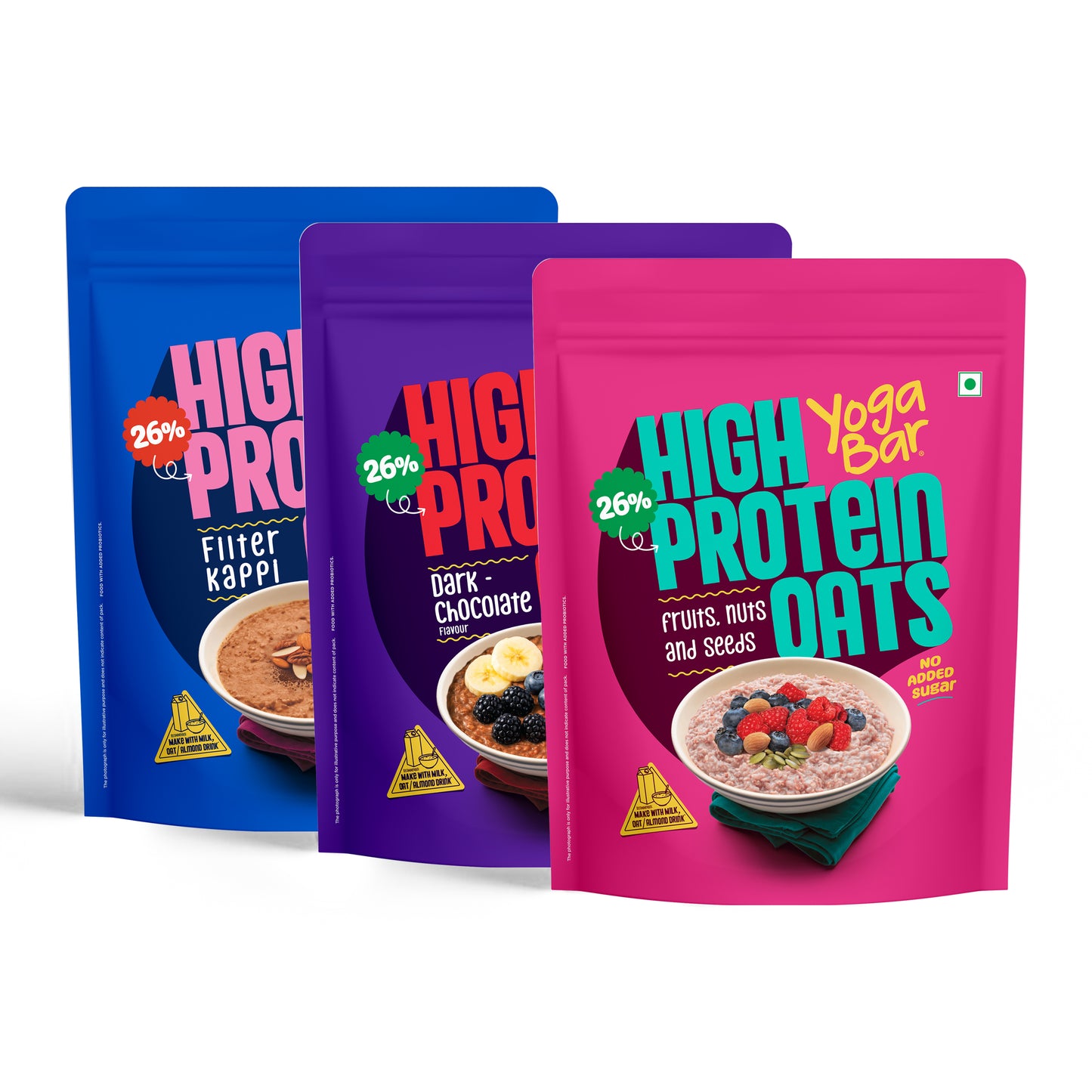 oga Bar High Protein Oats Bestseller Combo featuring Filter Kappi, Dark Chocolate, and Fruits and Nuts pouches.
