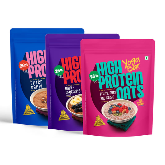 oga Bar High Protein Oats Bestseller Combo featuring Filter Kappi, Dark Chocolate, and Fruits and Nuts pouches.