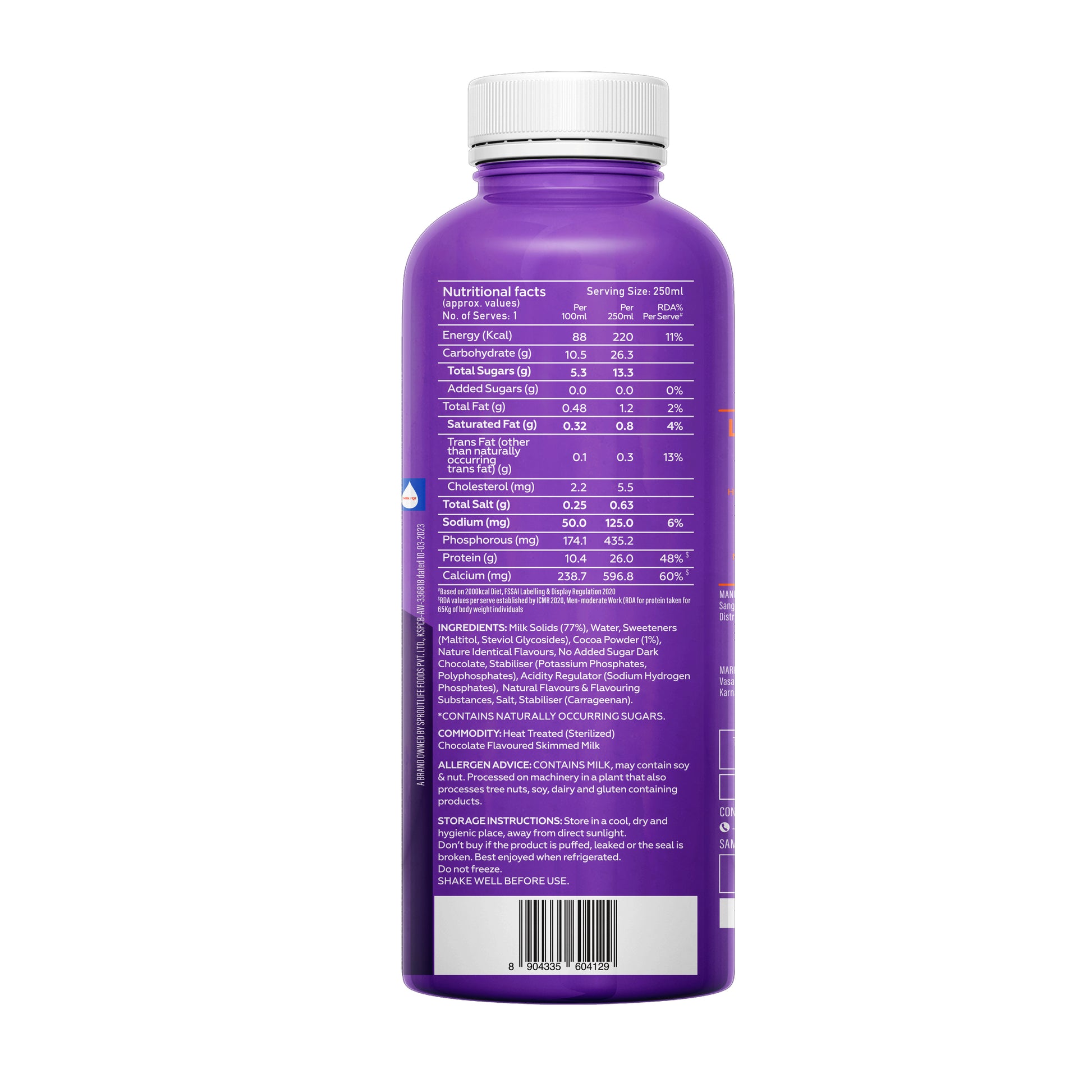 Yoga Bar Double Chocolate 26g Protein Shake rear packaging view showing nutrition panel table and ingredients details.