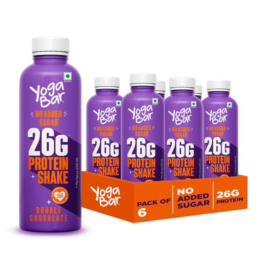Yoga Bar 26g Protein Shake Double Chocolate bottle with pack of 6 carton, no added sugar