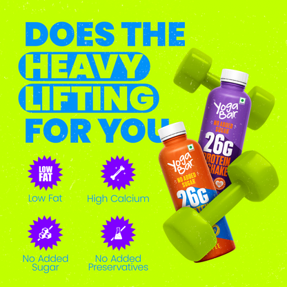 Yoga Bar ad with slogan Does The Heavy Lifting For You, highlighting 26g protein, low fat, and high calcium.