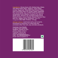 Back of Yoga Bar chocolate cranberry muesli pack with allergen advice for oats, soy, and nuts.