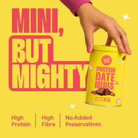 Promo banner for Yoga Bar chocolate covered date minis highlighting high protein, high fibre, and no added preservatives callouts