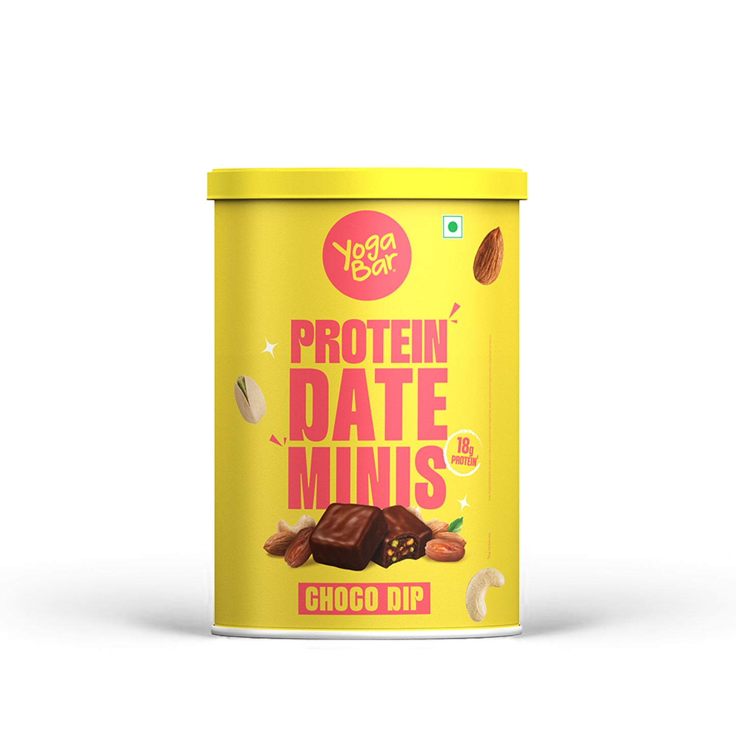 Yoga Bar Choco Dip Protein Date Minis yellow premium tin container showing 18g protein badge and chocolate covered date bites