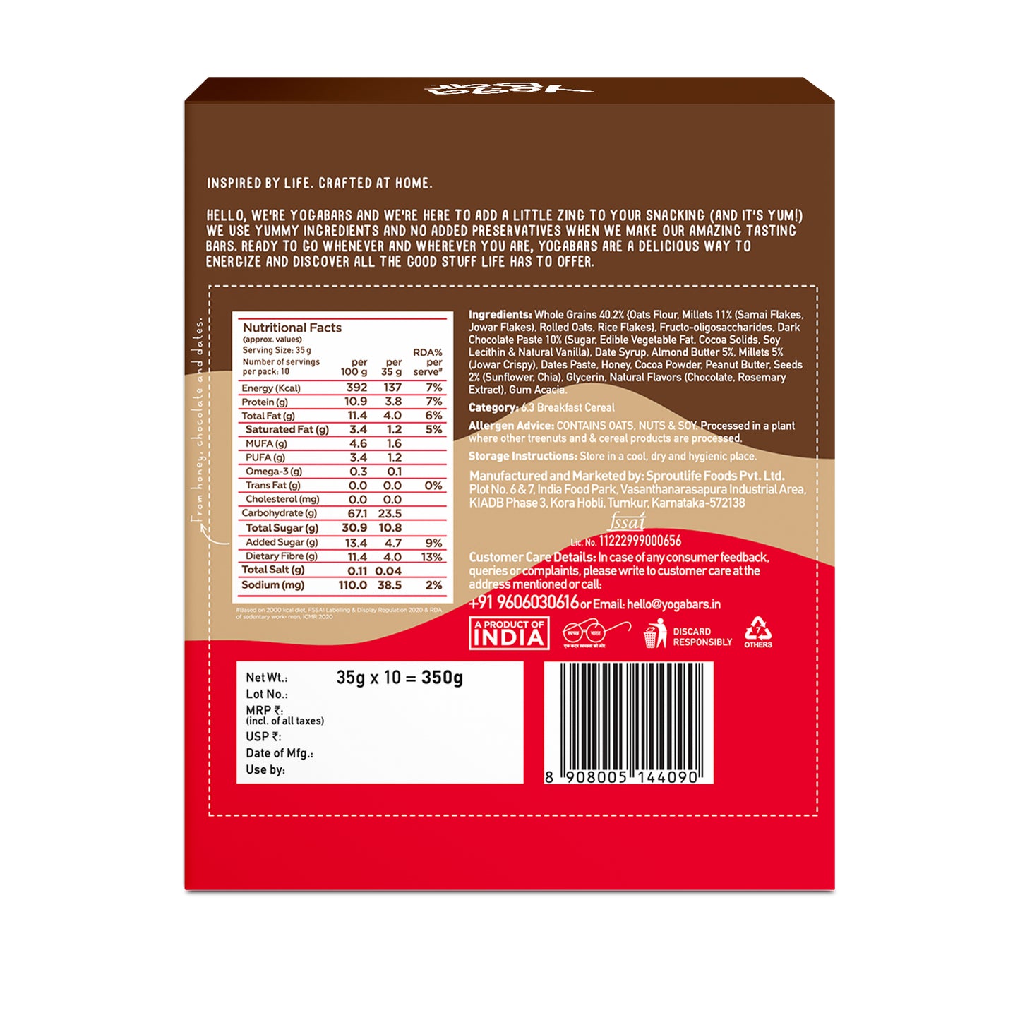 Yoga Bar Chocolate Chunk Nut Energy Bar nutritional information and ingredients list on the back of the box