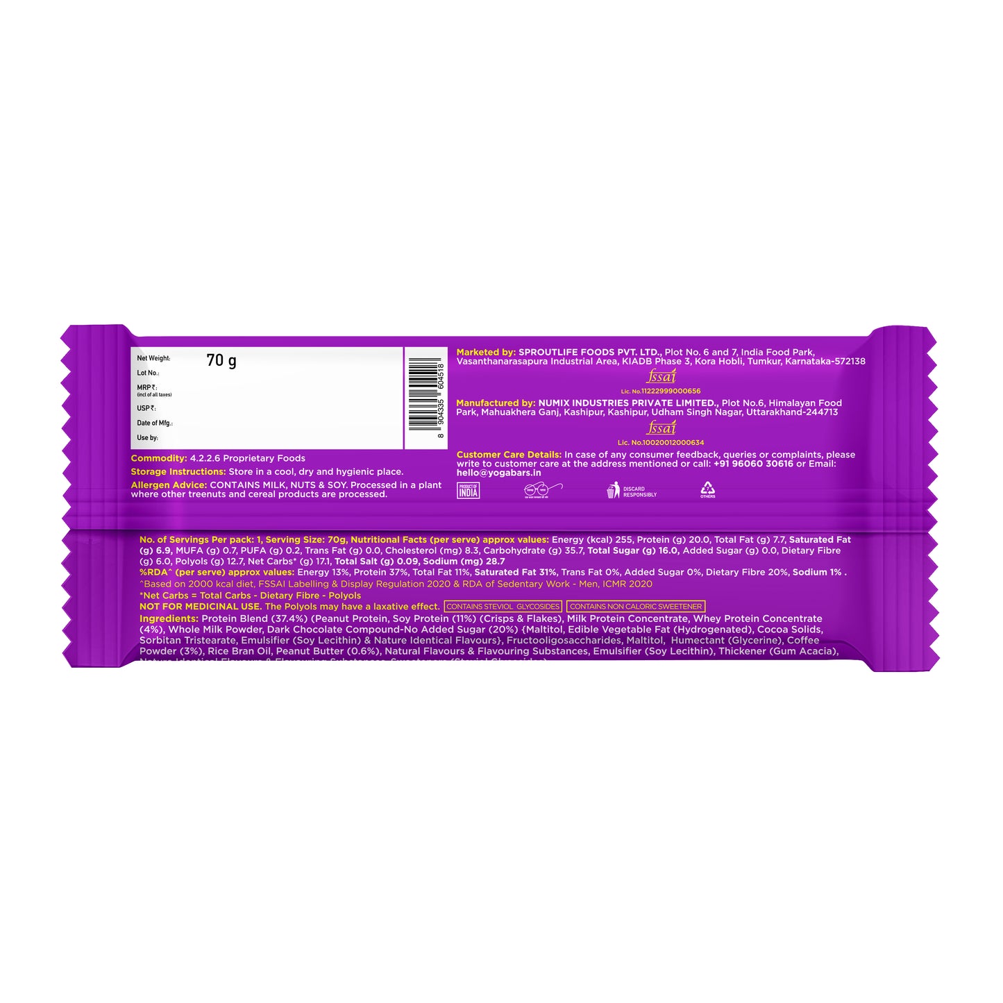 Nutritional information and ingredients list on the back of Yogabar Power Up Coffee Crush protein bar