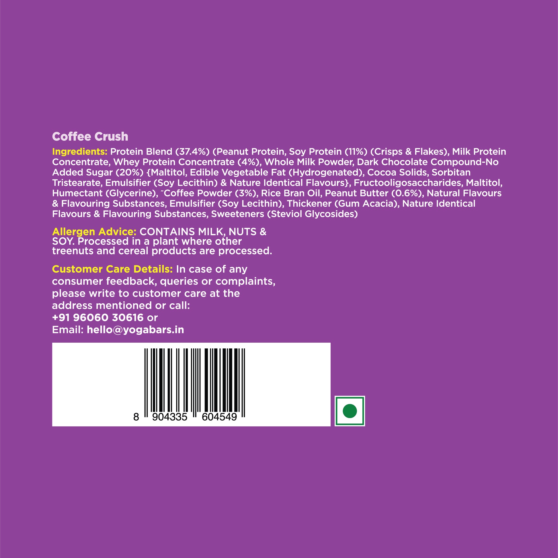 YogaBar Coffee Crush protein bar ingredients list, allergen advice, and customer care details