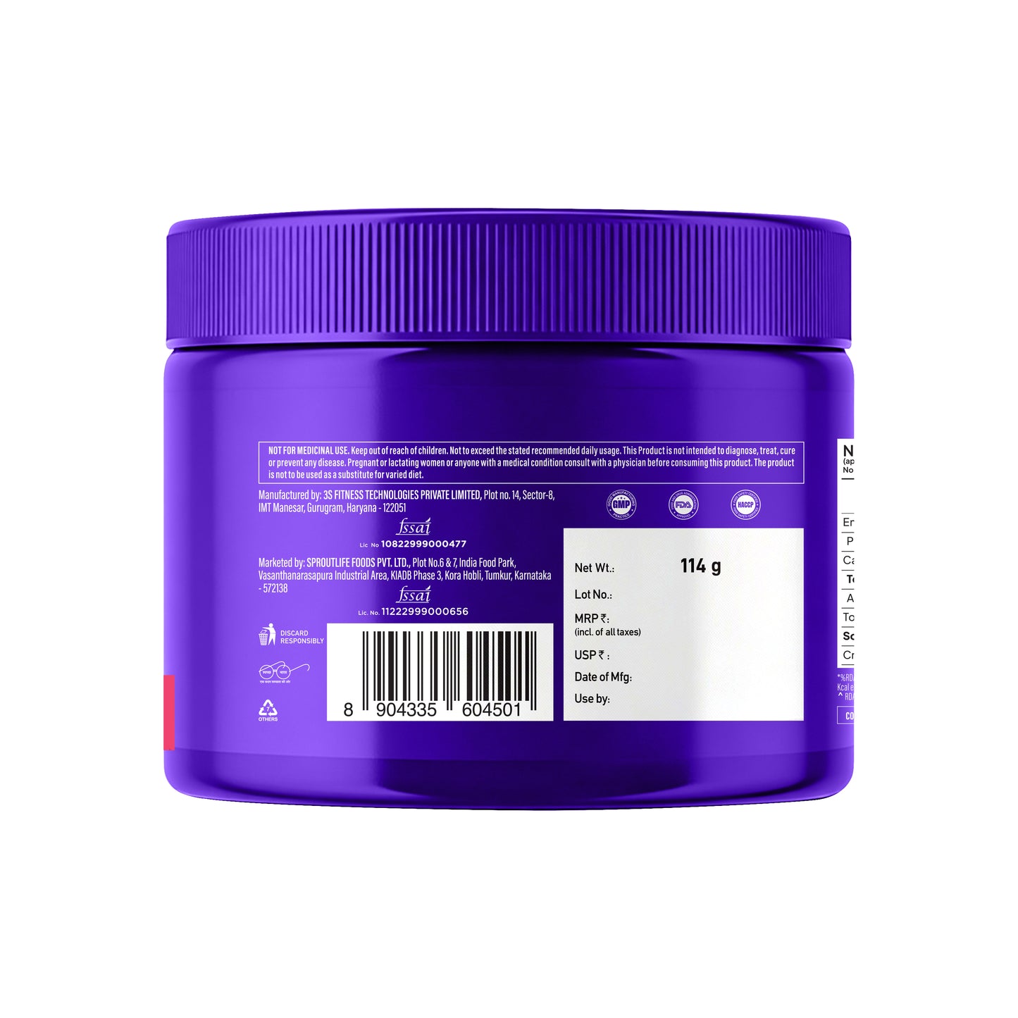 Back of jar label for Yoga Bar Creatine Monohydrate showing the 114g net weight table and Sproutlife Foods FSSAI license.