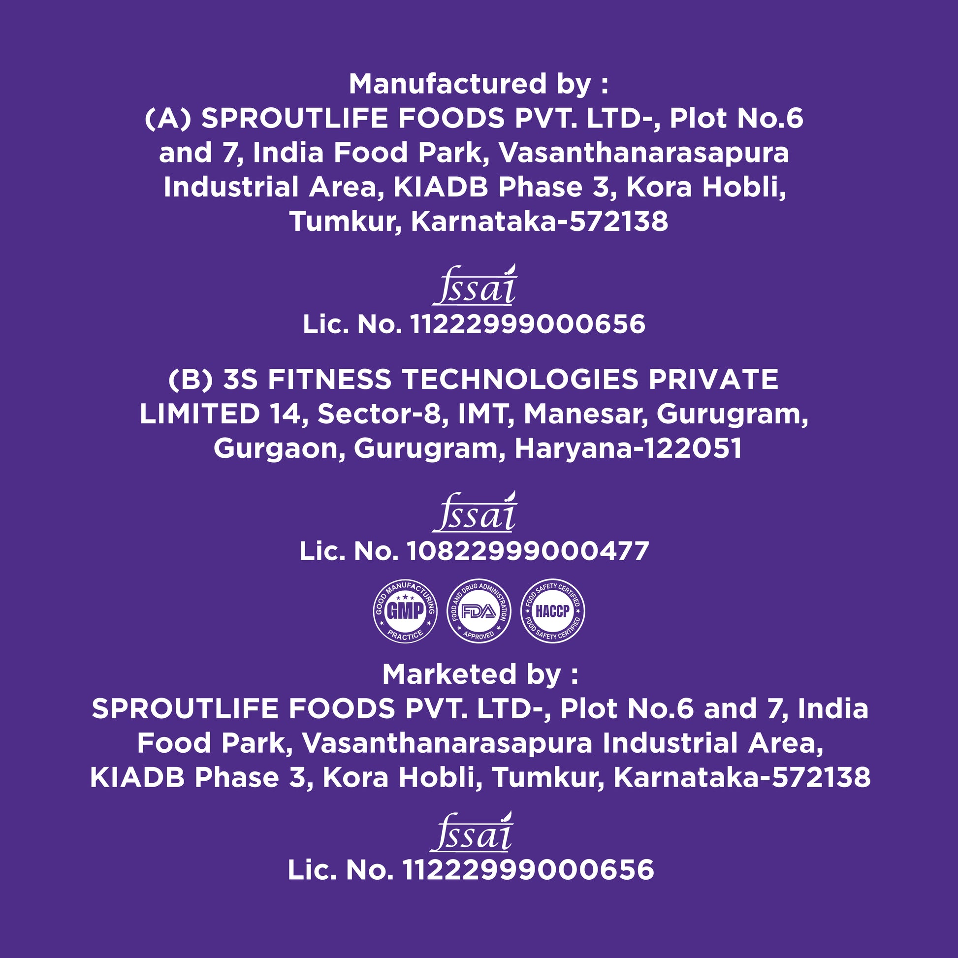Manufacturing info for Yoga Bar Creatine showing 3S Fitness and Sproutlife Foods FSSAI license data on a purple background.