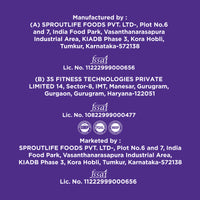 Manufacturing info for Yoga Bar Creatine showing 3S Fitness and Sproutlife Foods FSSAI license data on a purple background.