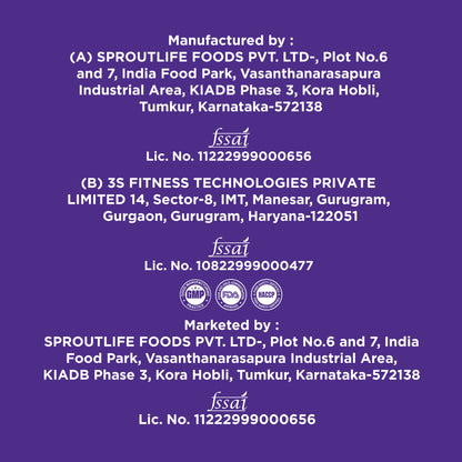 Manufacturing info for Yoga Bar Creatine showing 3S Fitness and Sproutlife Foods FSSAI license data on a purple background.