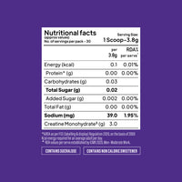 Nutritional values table for Yoga Bar Creatine showing 30 servings, 3g creatine monohydrate, and zero sugar per scoop.