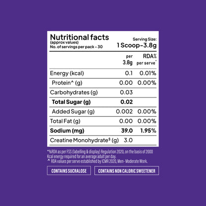 Nutritional values table for Yoga Bar Creatine showing 30 servings, 3g creatine monohydrate, and zero sugar per scoop.