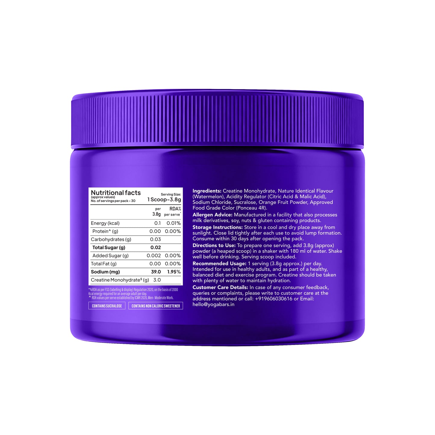 Supplement facts label for Yogabar Watermelon Creatine showing 3g creatine monohydrate per 3.8g scoop serving directions.