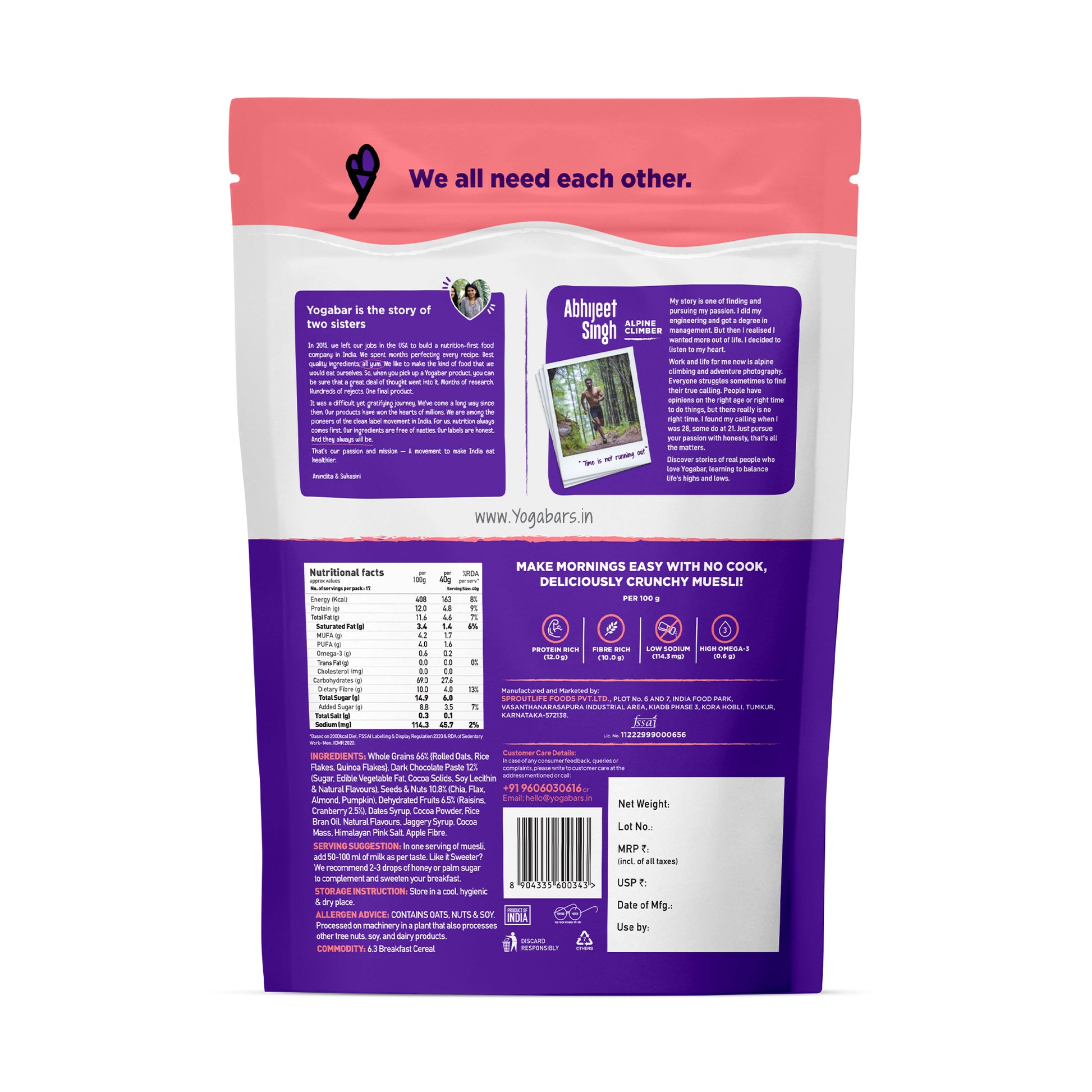 Yoga Bar Dark Chocolate Cranberry Super Muesli 700g back label with nutrition facts and ingredients list.