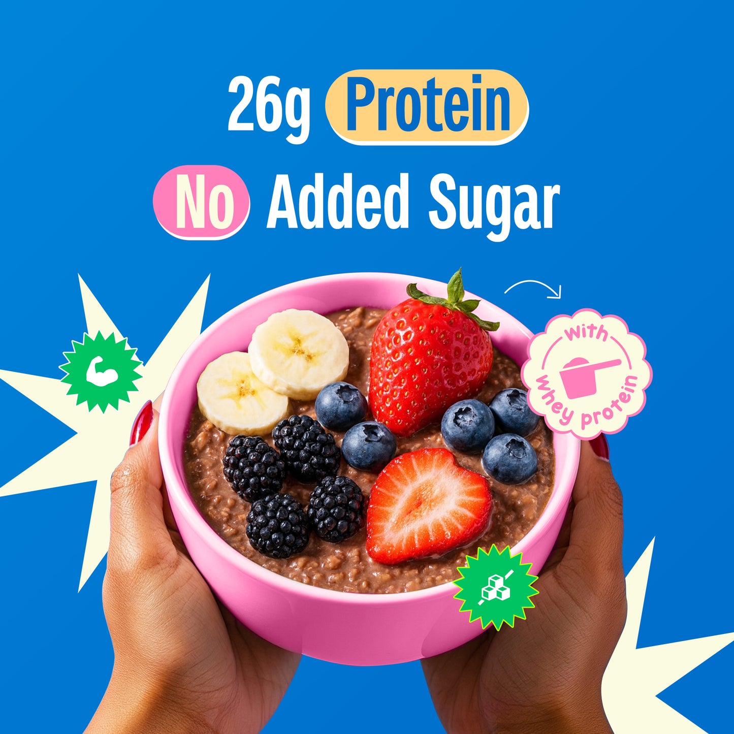 Yoga Bar High Protein Oats in Dark Chocolate flavor 1kg pouch showing 26% protein and no added sugar claims