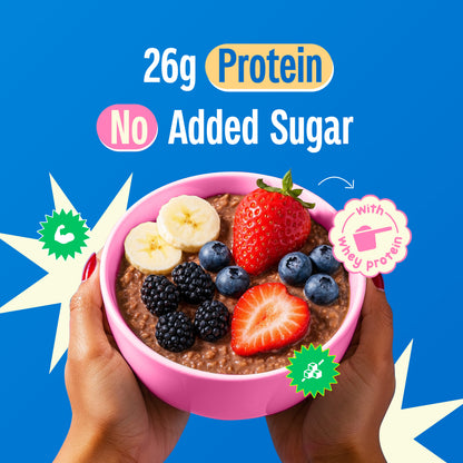 Yoga Bar High Protein Oats in Dark Chocolate flavor 1kg pouch showing 26% protein and no added sugar claims