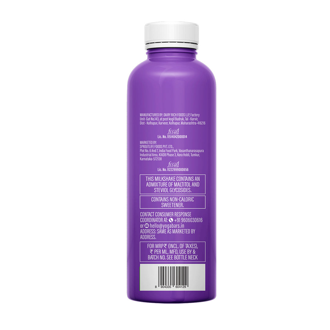 Yoga Bar 26g Protein Double Chocolate Shake bottle back label showing manufacturer details, FSSAI license, and barcode