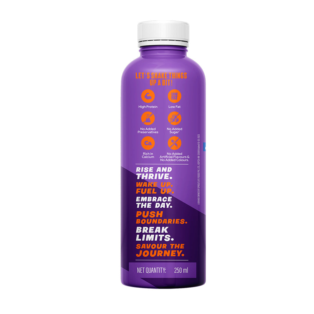 Yoga Bar Double Chocolate Protein Shake bottle showing high protein, low fat, no added sugar features, 250ml