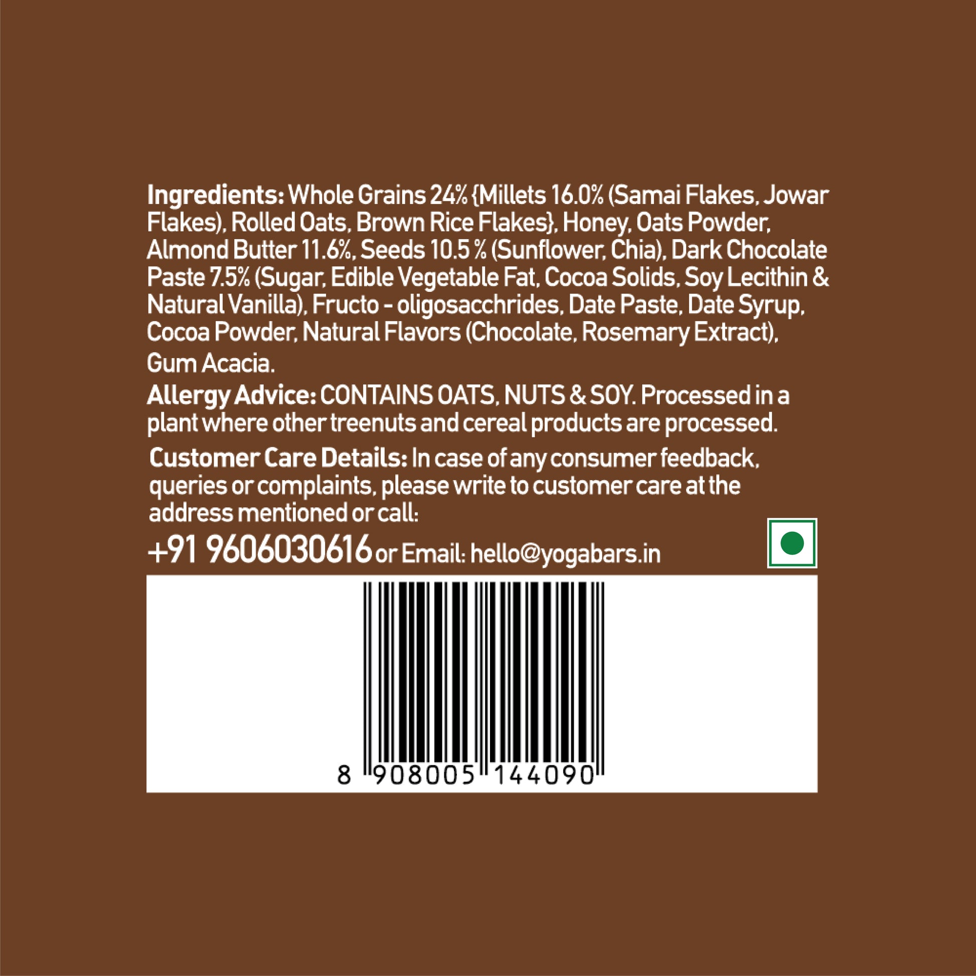 Detailed view of Yoga Bar Chocolate Chunk Nut ingredients list, allergen warnings, and customer care details.