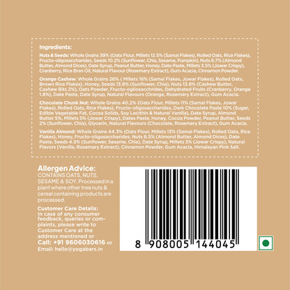Yoga Bar energy bars ingredient list for 4 flavors with allergen advice for oats, nuts, sesame, and soy