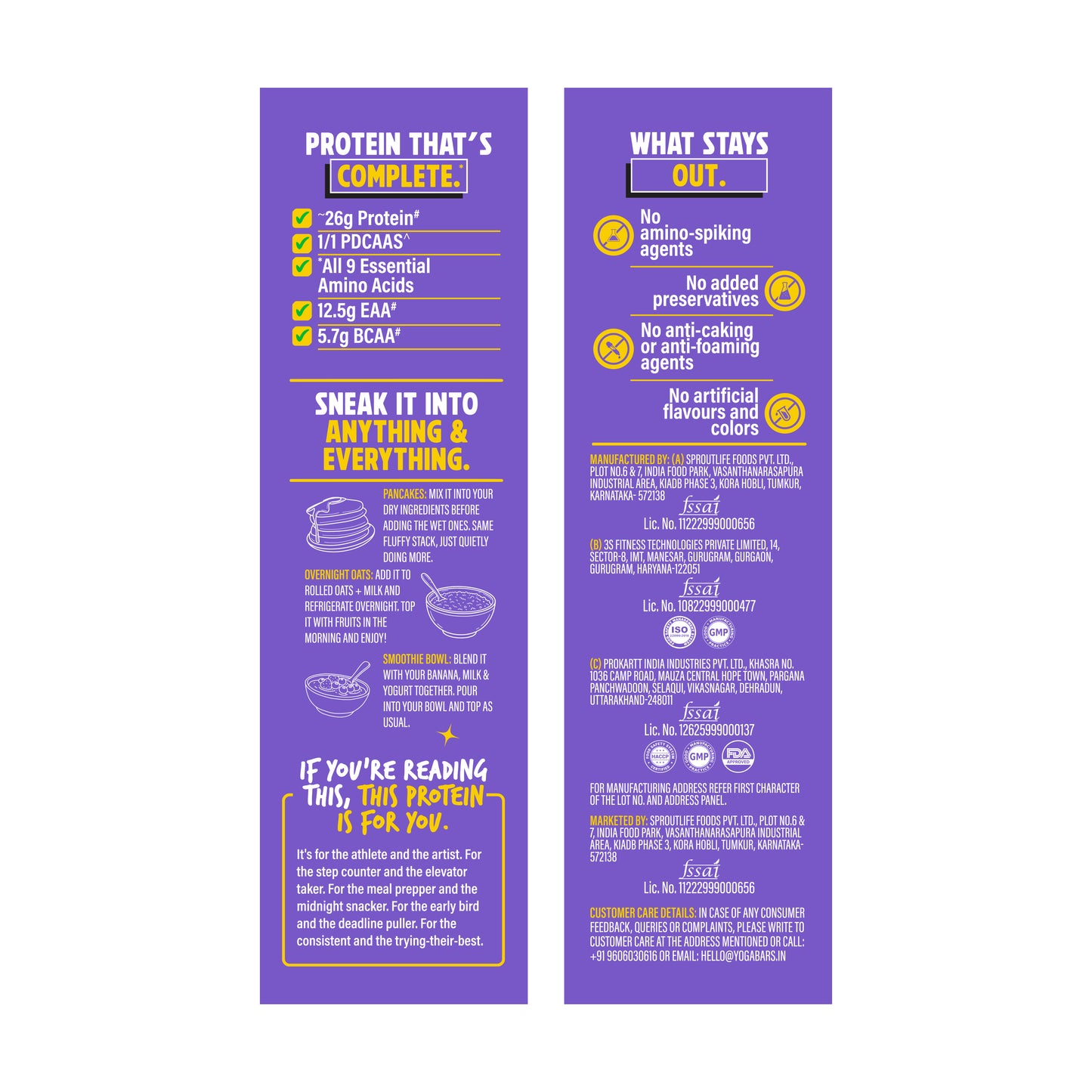 Yoga Bar Chocolate Yeast Protein label showing 26g protein, complete amino acids, no preservatives or artificial flavours