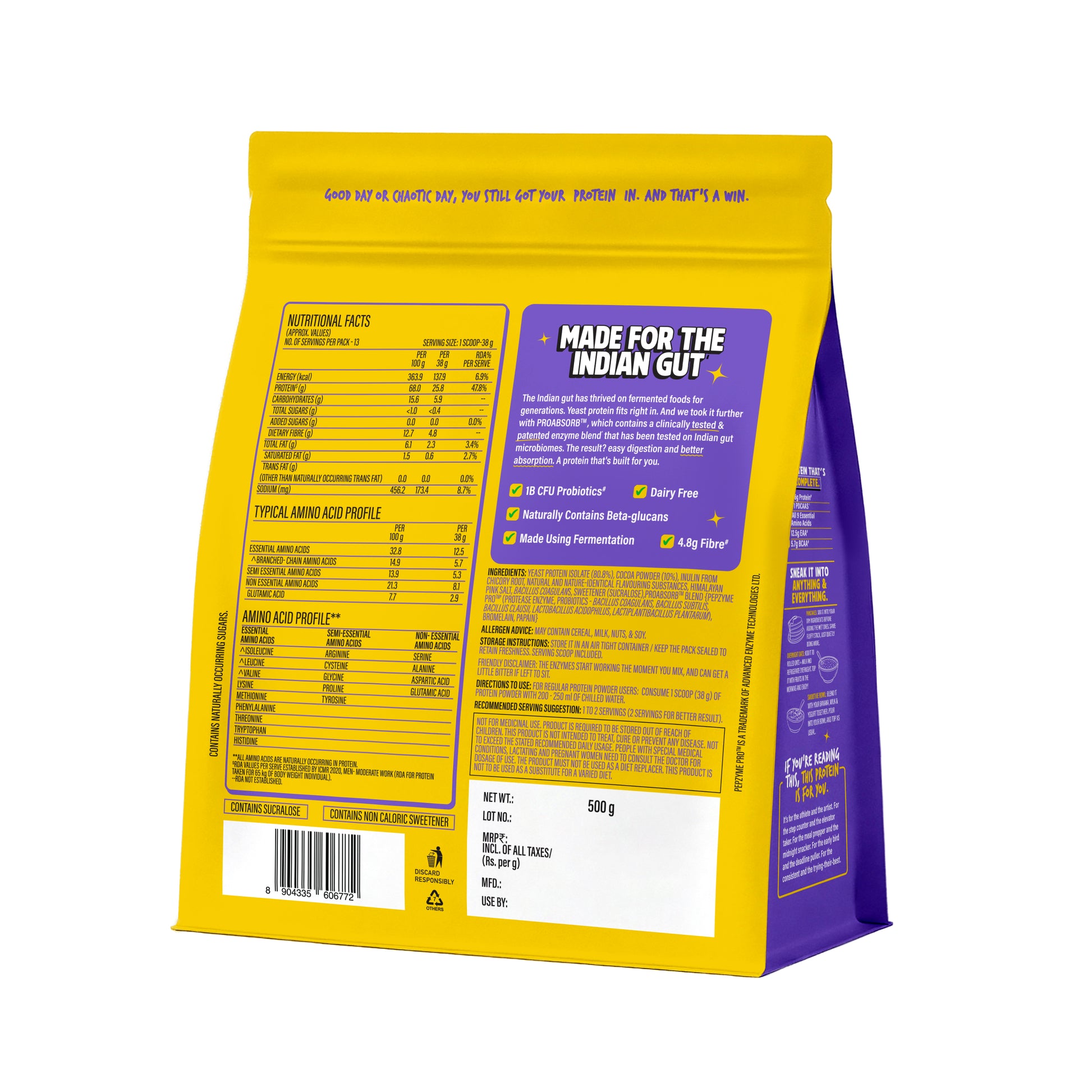 Yoga Bar Chocolate Yeast Protein nutrition label, dairy-free with probiotics and beta-glucans