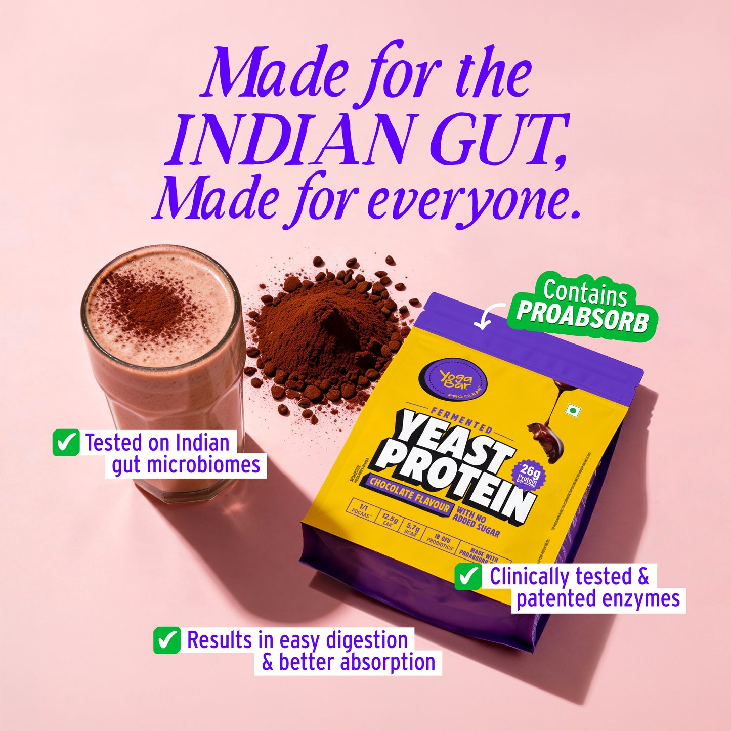 Yoga Bar Chocolate Yeast Protein pack featuring ProAbsorb enzymes, clinically tested for better digestion and nutrient absorption in Indian guts
