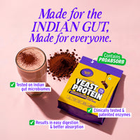 Yoga Bar Chocolate Yeast Protein pack featuring ProAbsorb enzymes, clinically tested for better digestion and nutrient absorption in Indian guts