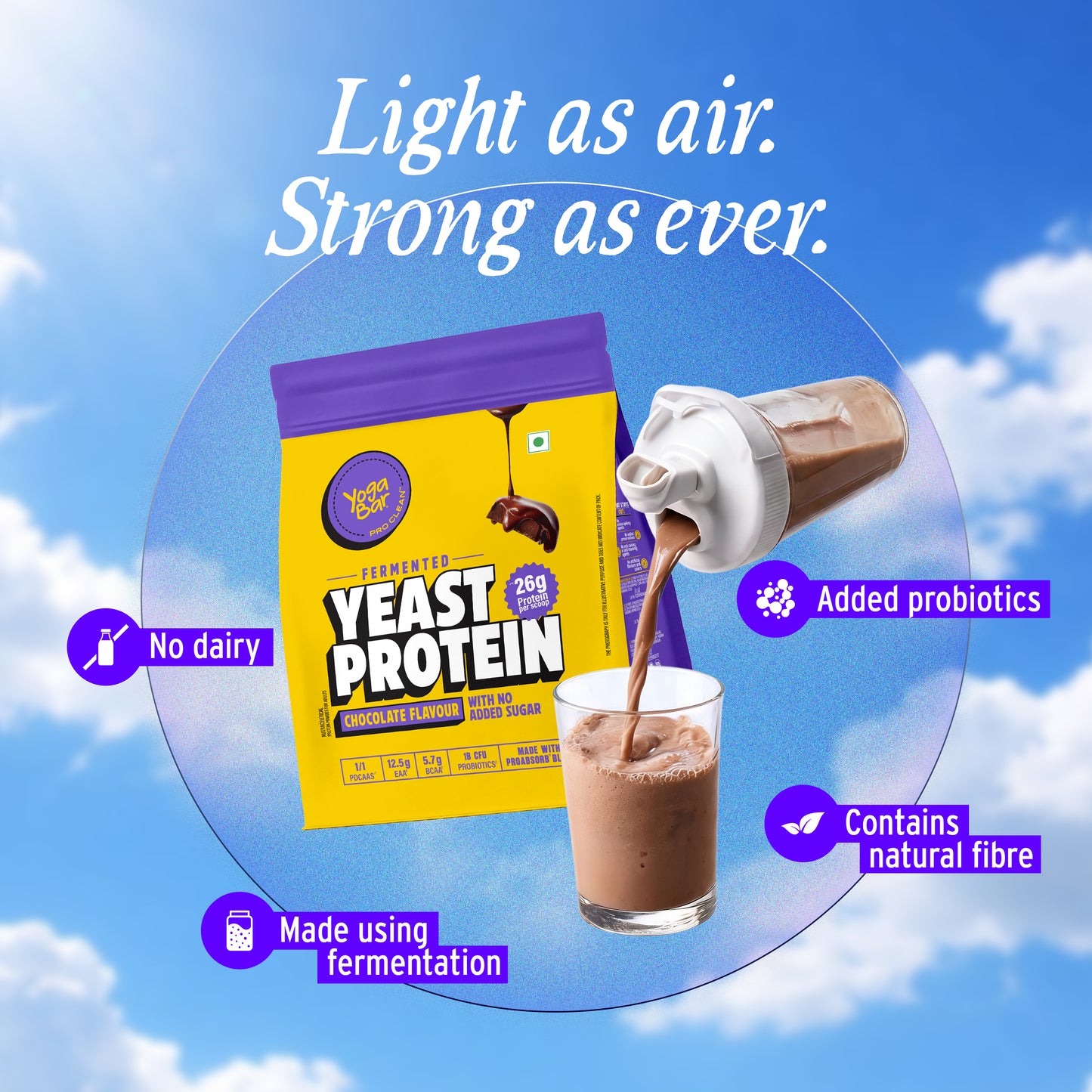Yoga Bar Chocolate Yeast Protein pack with shake being poured, highlighting no dairy and natural fibre