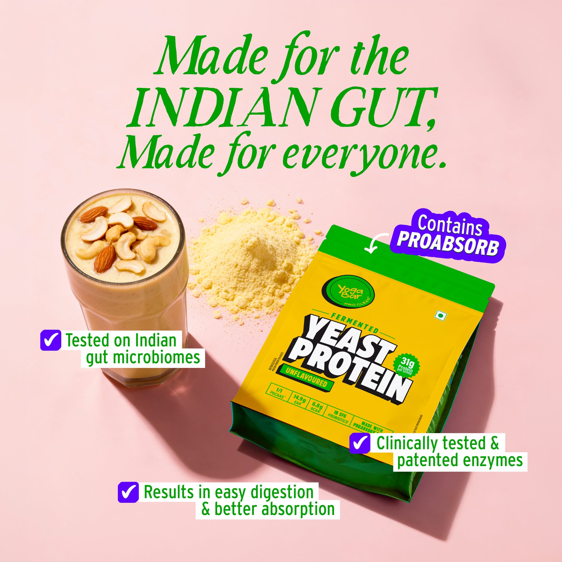 Yoga Bar Yeast Protein pack featuring ProAbsorb enzymes, clinically tested for better digestion and nutrient absorption in Indian guts