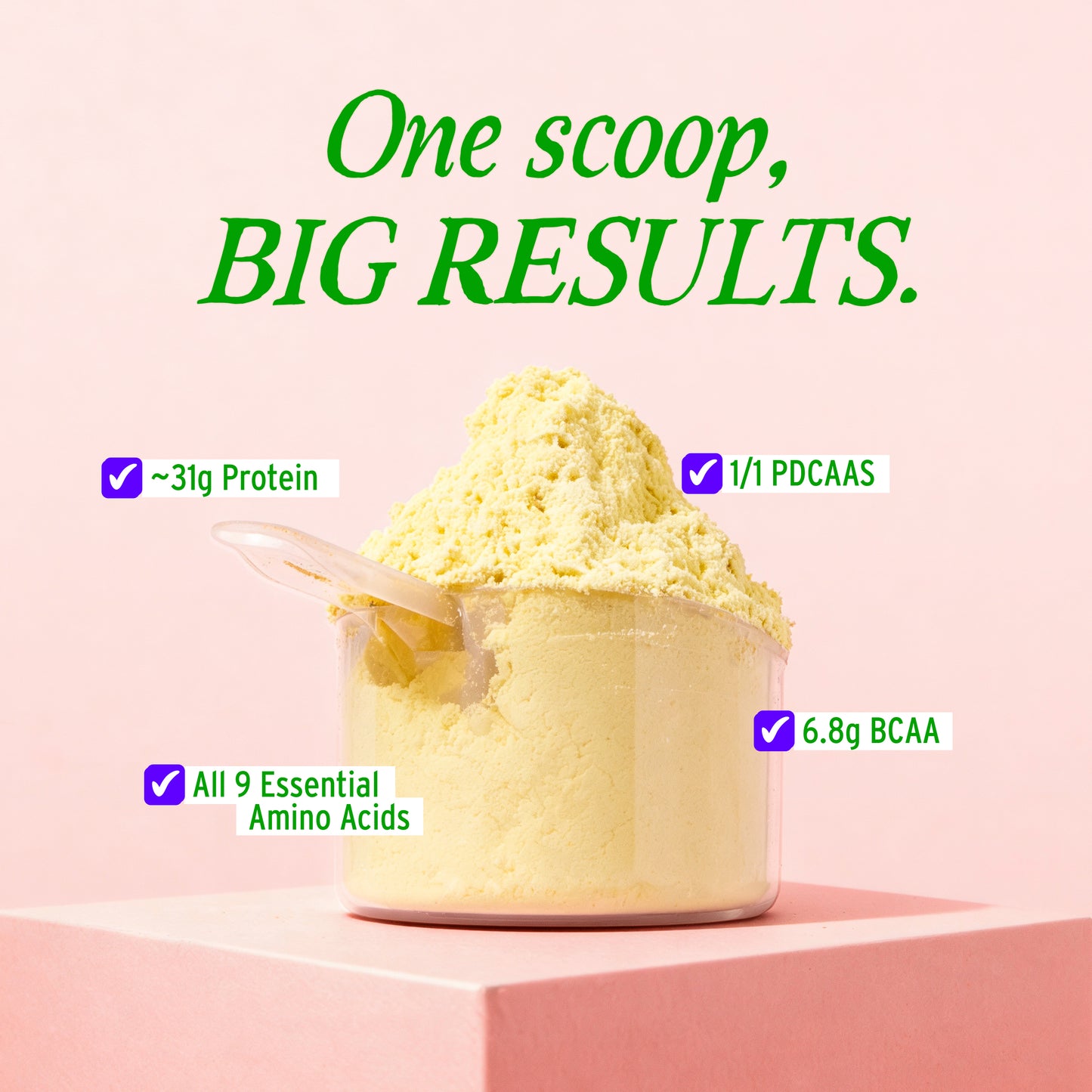 One scoop of Yoga Bar Yeast Protein with 31g protein, all 9 essential amino acids and BCAA
