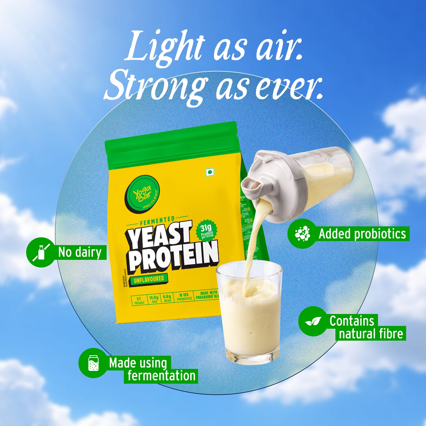 Yoga Bar Yeast Protein pack with shake being poured, highlighting no dairy and natural fibre