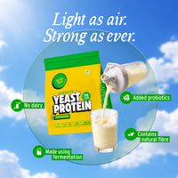 Yoga Bar Yeast Protein pack with shake being poured, highlighting no dairy and natural fibre