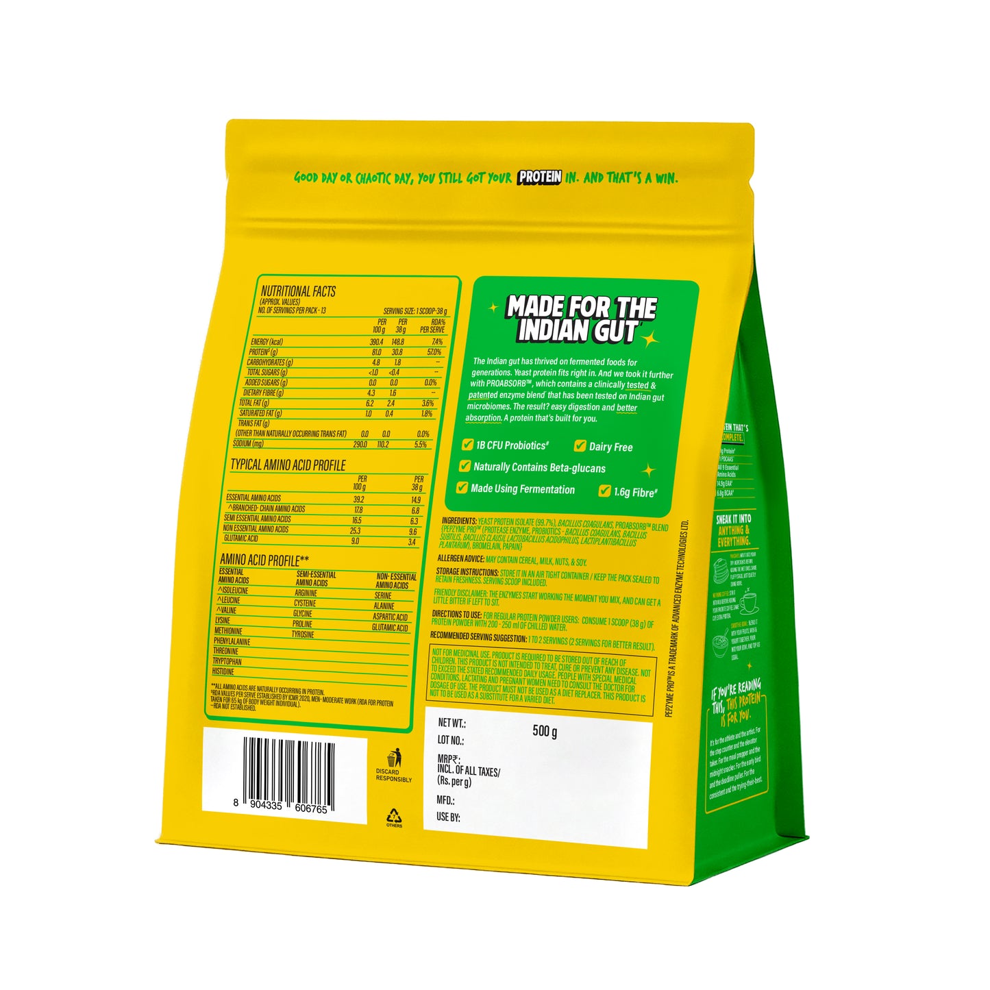 Yoga Bar Fermented Yeast Protein nutrition label, dairy-free with 18 CFU probiotics and beta-glucans