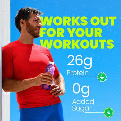 Yoga Bar fitness ad with slogan Works Out For Your Workouts, highlighting 26g protein and 0g added sugar icons