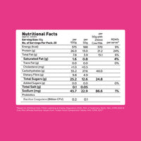 Yoga Bar Fruits Nuts and Seeds Oats nutritional label detailing macros and probiotics on pink background.